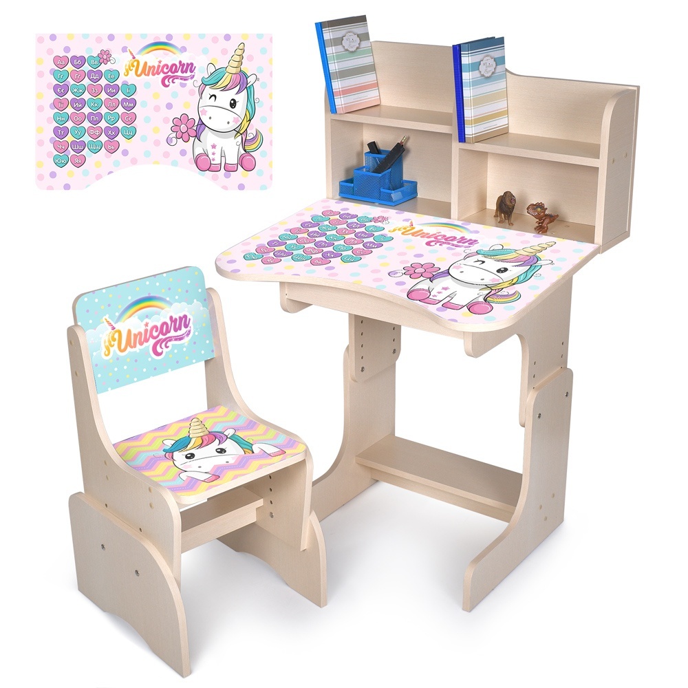 Парта N 2071-9-2 зі стільчиком, регул. висота, єдиноріг, укр. абетка, венге світлий.